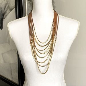 BCBG MAX AZRIA Layered Leather and Gold Tone Chain Necklace EUC